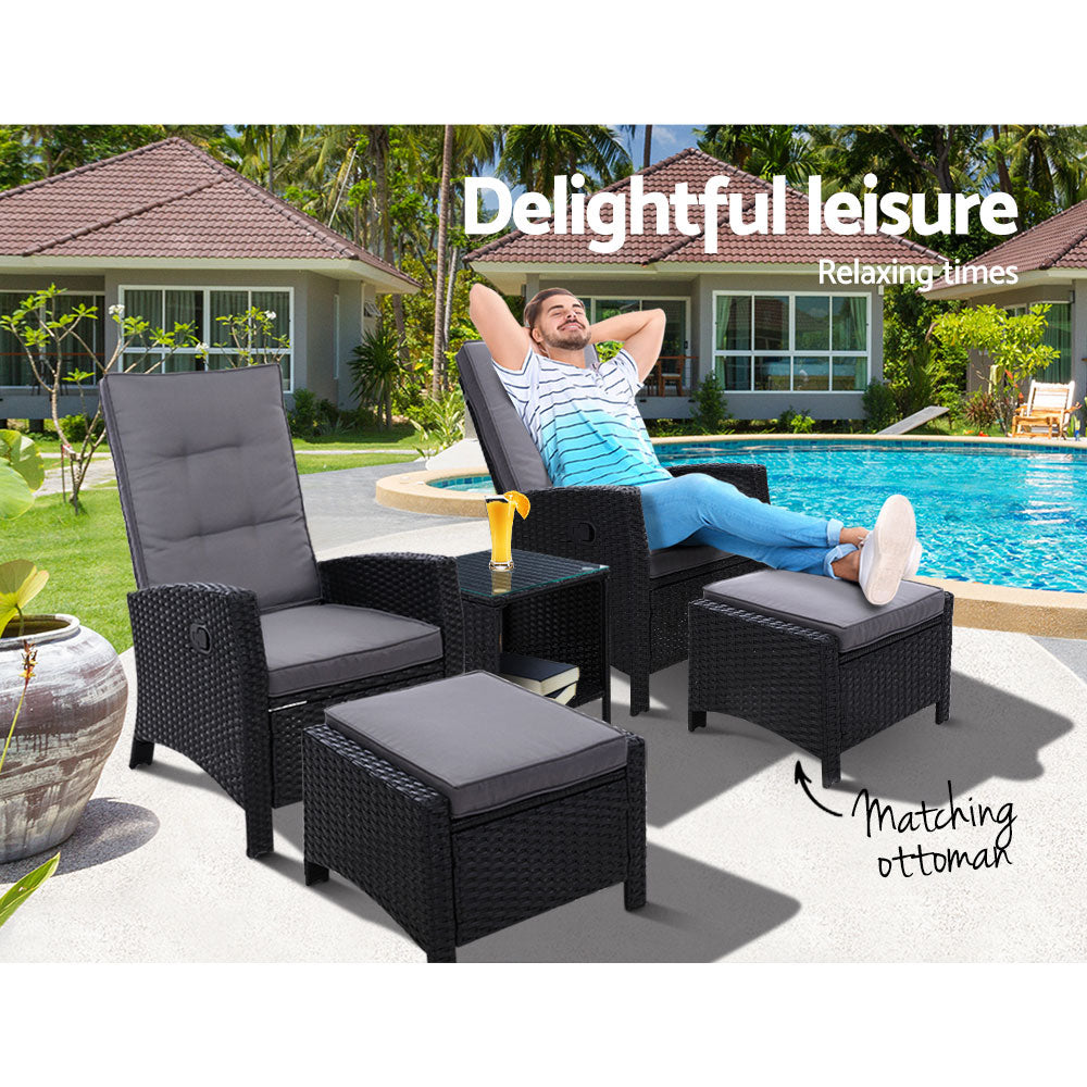 Gardeon 5PC Table + Sun lounge Wicker Outdoor Furniture Adjustable Black