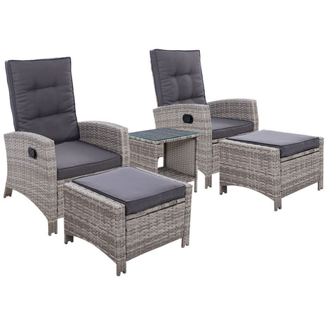 Gardeon 5PC Table Sun lounge Wicker Outdoor Furniture Adjustable Grey