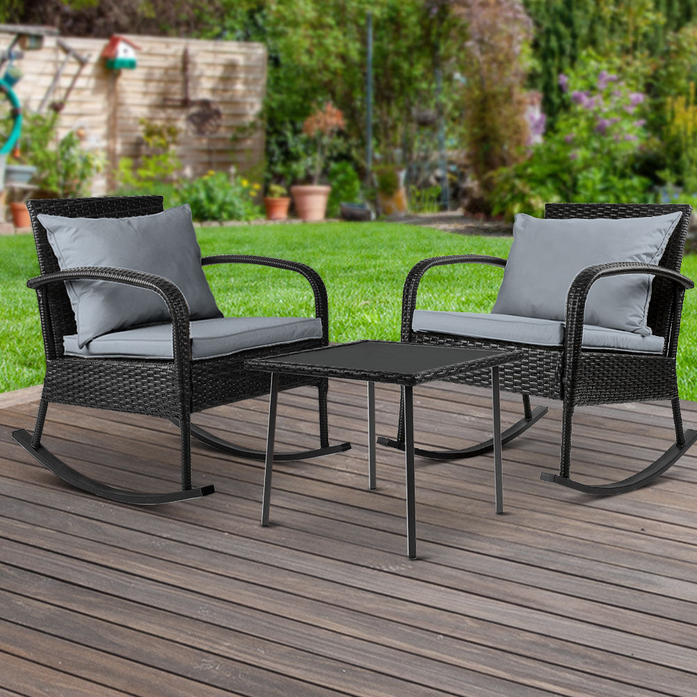 Gardeon 3PC Rocking Chair Table Wicker Outdoor Furniture Patio Bistro Set Black