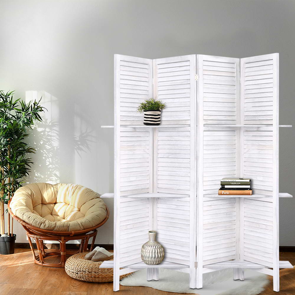 4 Panel Room Divider Screen 163x170cm White Slatted