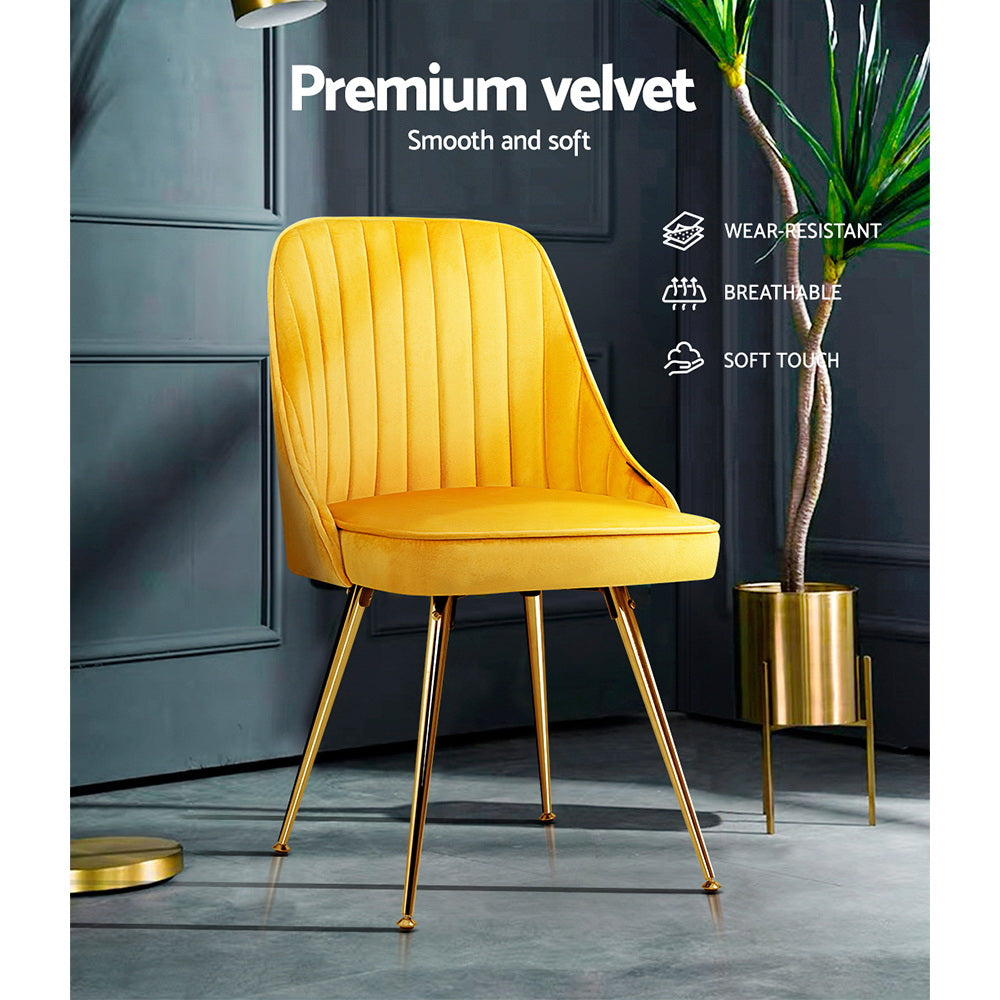 Yellow Velvet Dining Chairs x2 with Metal Legs