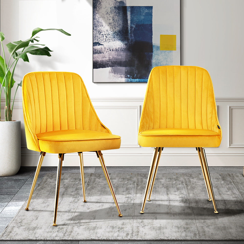 Yellow Velvet Dining Chairs x2 with Metal Legs