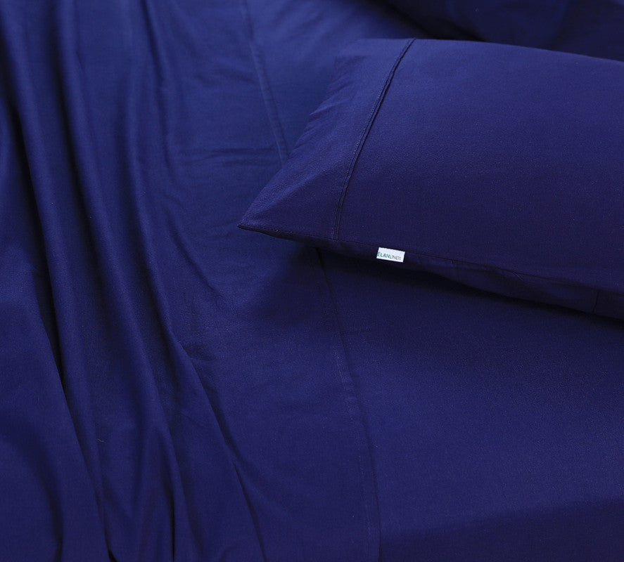 Elan Linen 100% Egyptian Cotton Vintage Washed 500TC Navy Blue Double Bed Sheets Set