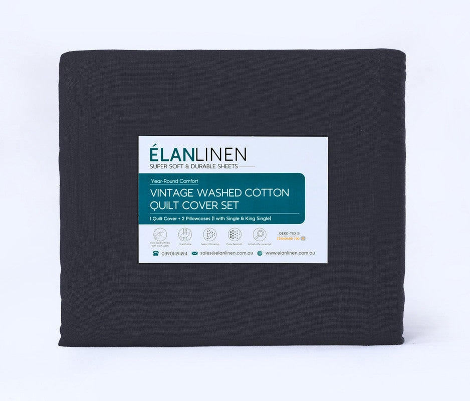 Elan Linen 100% Egyptian Cotton Vintage Washed 500TC Charcoal Queen Bed Sheets Set