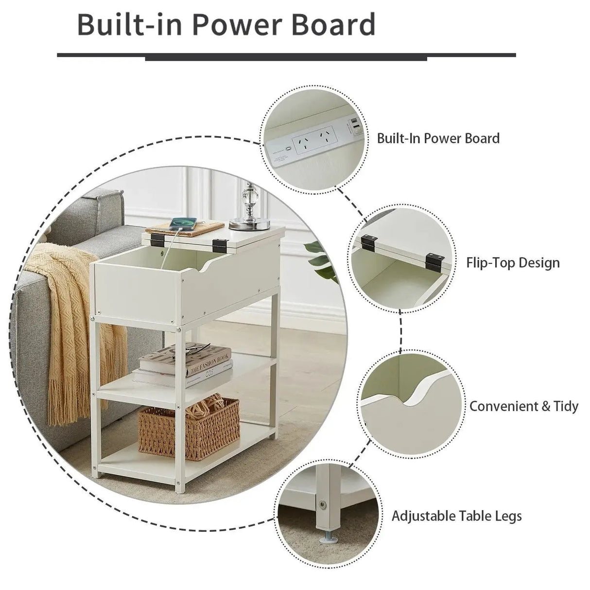 Multi-Tier Bedside Table with Powerboard, White