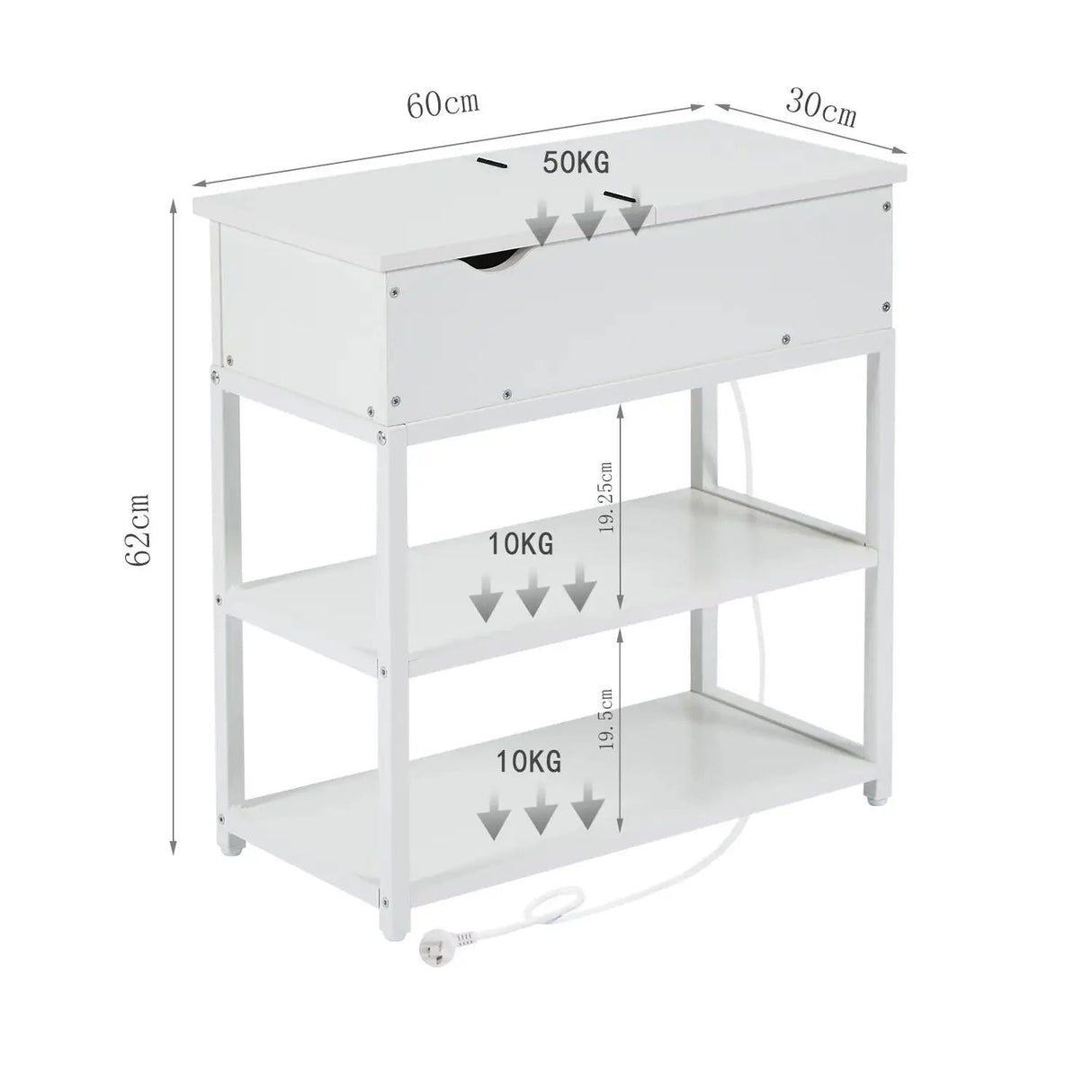 Multi-Tier Bedside Table with Powerboard, White