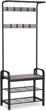 Greige and Black Steel Freestanding Coat Rack Stand with Removable Hooks, Bench and Shoe Rack, Height 183 cm