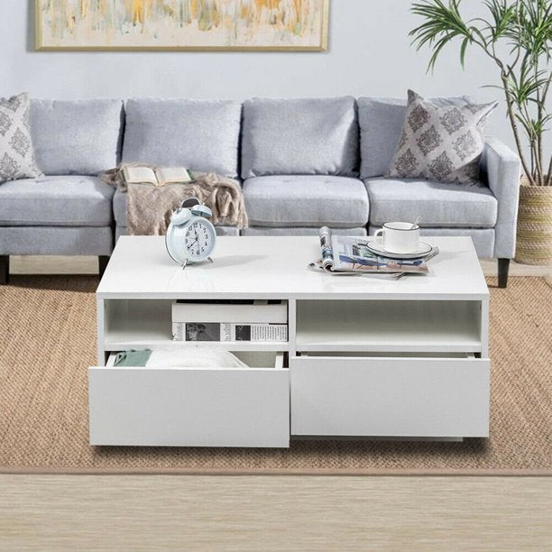 High Gloss White LED Coffee Table With 4 Drawers