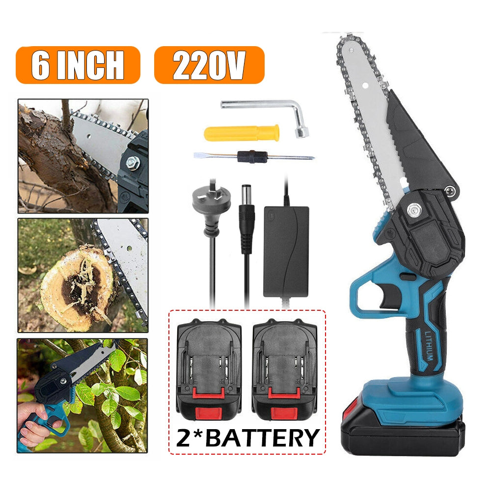 6" Mini Cordless Electric Chainsaw 2X Battery Powered Wood Cutter Rechargeable