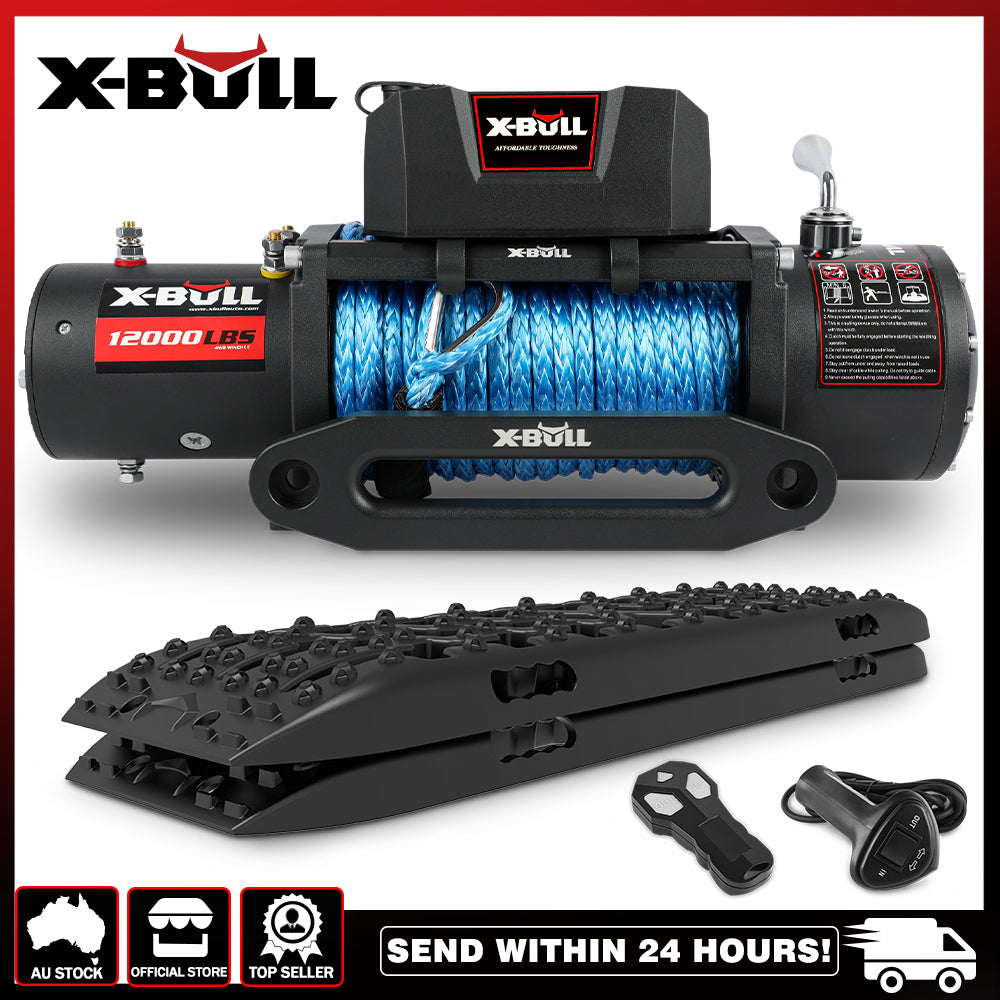 X-BULL 12000LB Electric Winch 12V synthetic rope 4WD with Recovery Tracks Gen3.0 Black