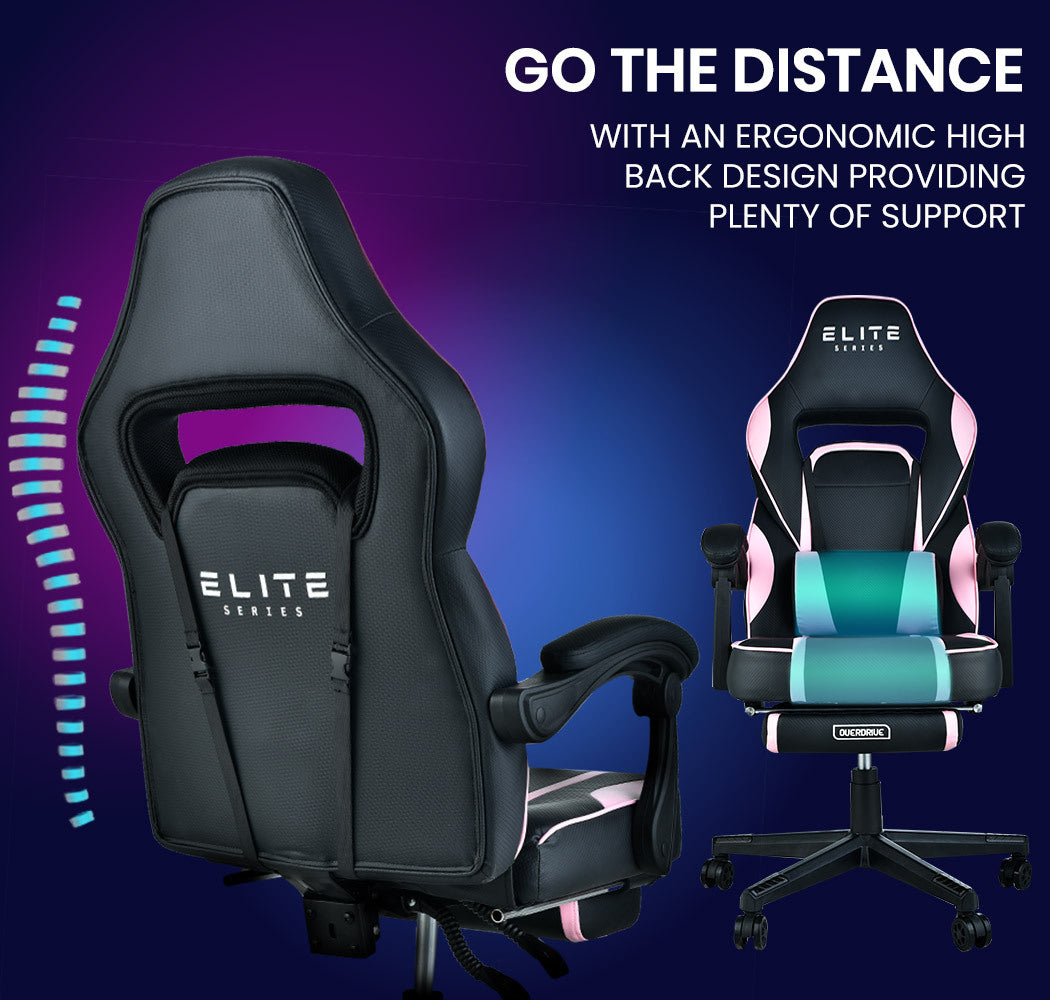 OVERDRIVE Gaming Chair Pink Racing Computer Office Ergonomic Reclining Footrest