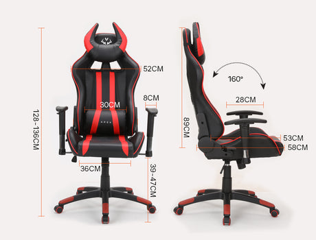 OVERDRIVE Diablo Reclining Gaming Chair Black & Red Office Computer Seat Neck Lumbar Horns