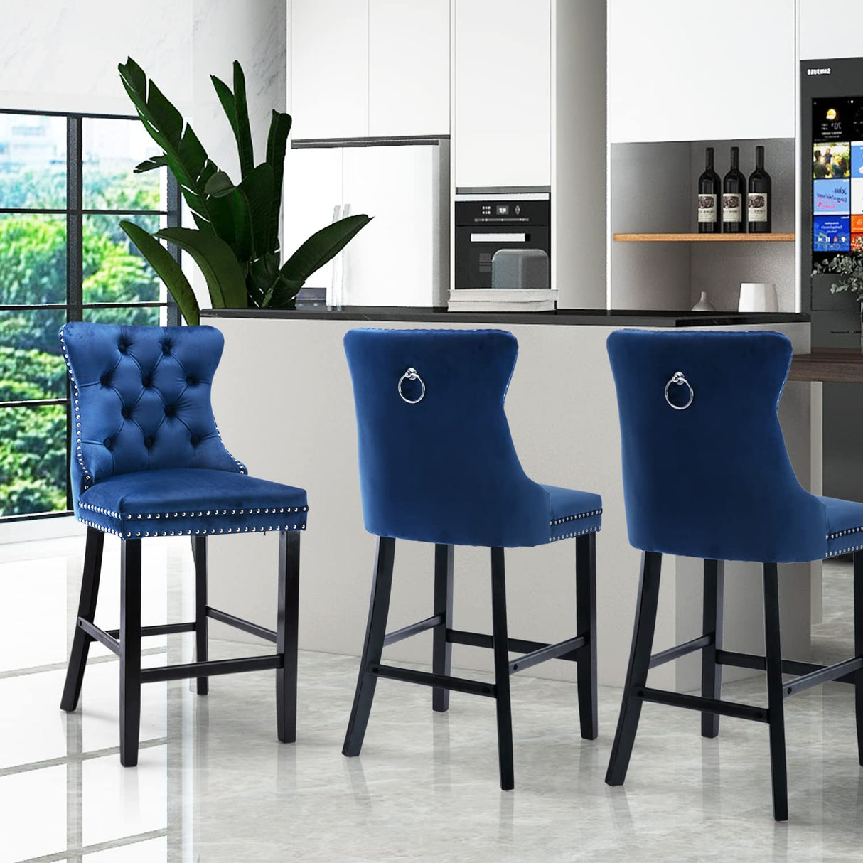 4X Velvet Bar Stools with Studs Trim Wooden Legs Tufted Dining Chairs Kitchen