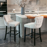 4x Velvet Upholstered Button Tufted Bar Stools with Wood Legs and Studs-Beige