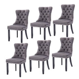 6x Velvet Dining Chairs Upholstered Tufted Kithcen Chair with Solid Wood Legs Stud Trim and Ring-Gray