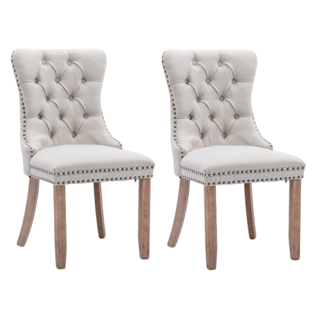 6x AADEN Modern Elegant Button-Tufted Upholstered Fabric with Studs Trim and Wooden legs Dining Side Chair-Beige