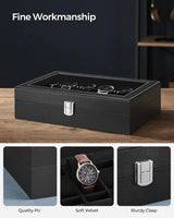 SONGMICS 12-Slot Watch Box with Large Glass Lid and Removable Watch Pillows Black Lining