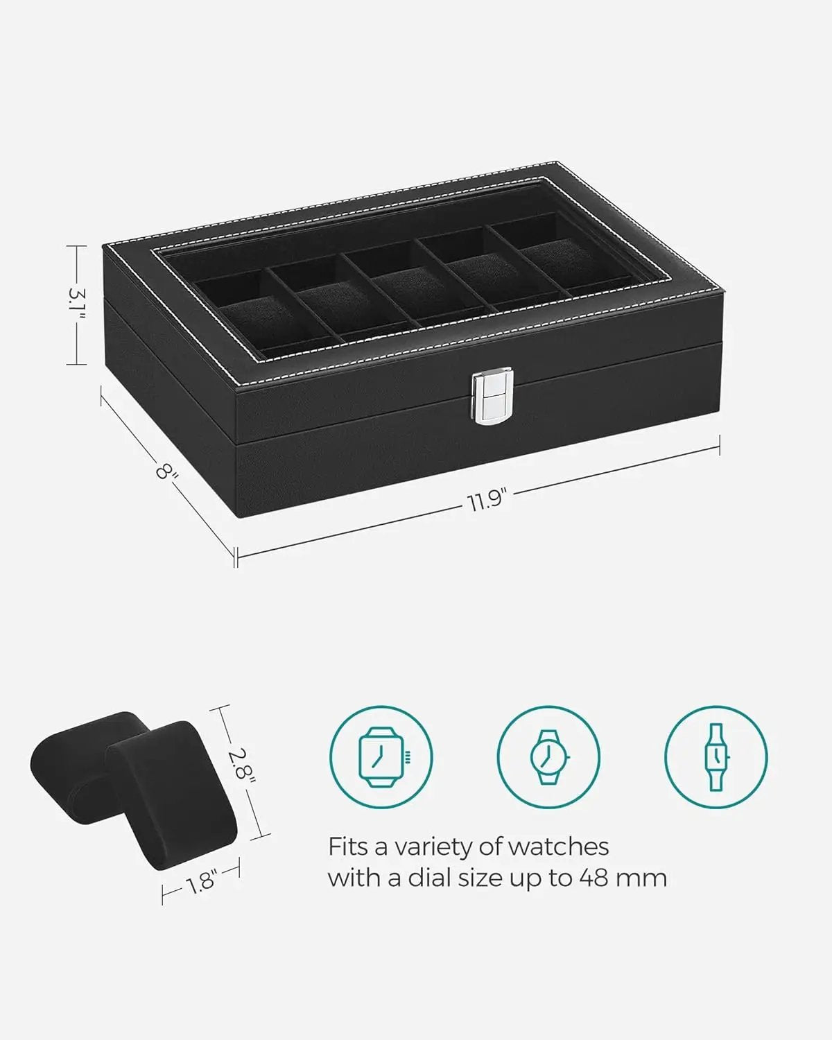 SONGMICS 12-Slot Watch Box with Large Glass Lid and Removable Watch Pillows Black Lining