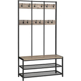 VASAGLE Large Coat Rack Stand with 12 Hooks and Shoe Bench Greige and Black HSR086B02V1