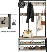 VASAGLE Large Coat Rack Stand with 12 Hooks and Shoe Bench Greige and Black HSR086B02V1