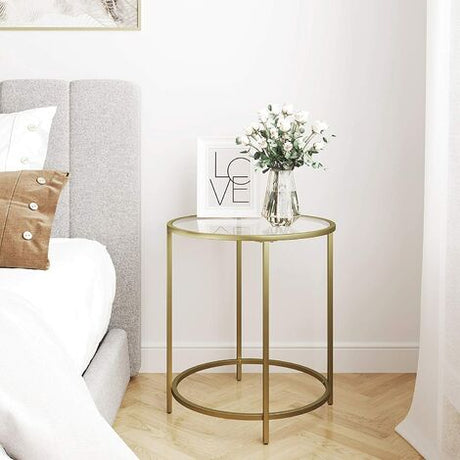 Ember Round Side Table Tempered Glass End Table With Golden Metal Frame Small Coffee Table Gold LGT20G