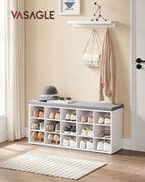 VASAGLE Storage Shoe Bench 15 Compartments with Cushion White and Grey