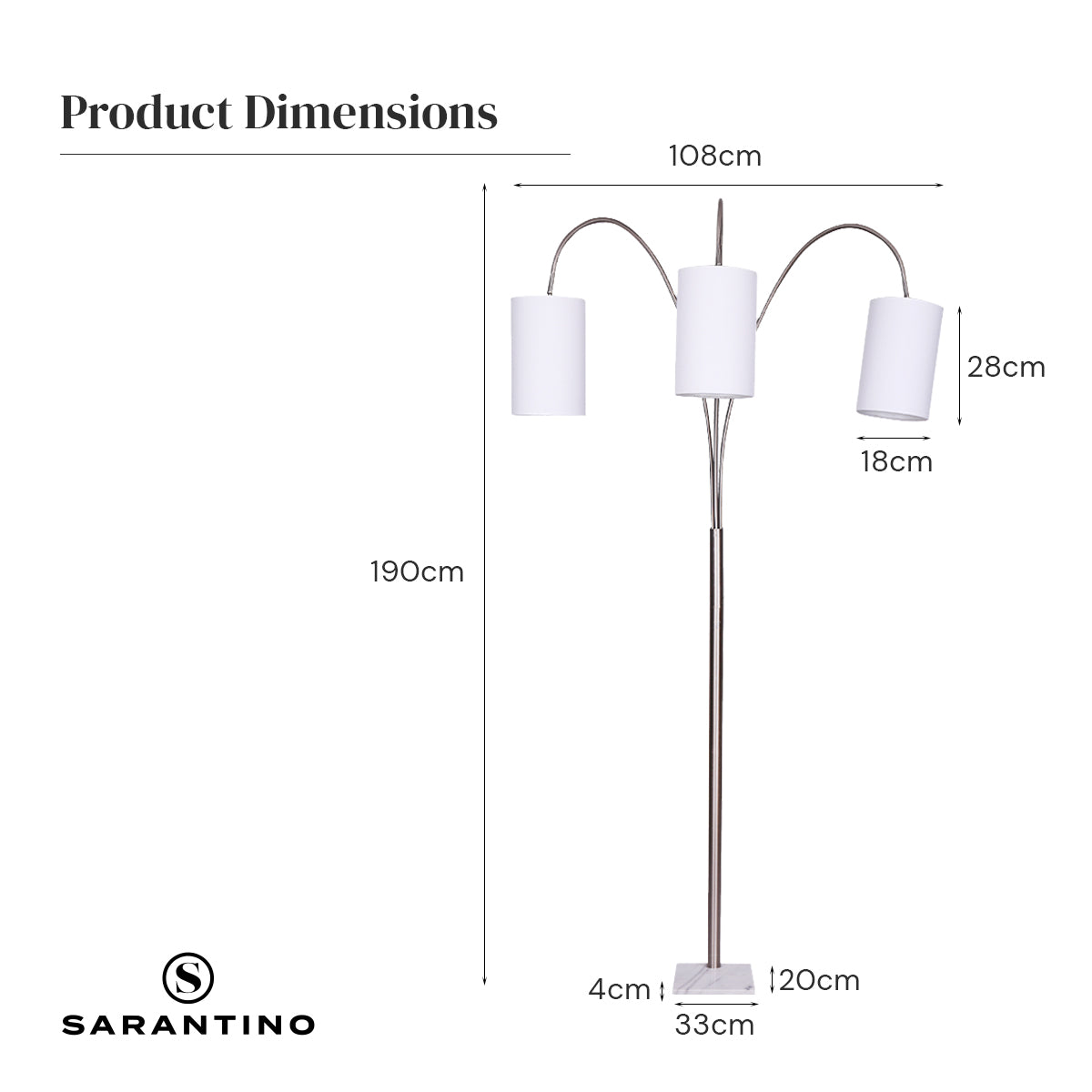 Sarantino 3-Light Metal Arc Floor Lamp - Nickel & Marble Finish