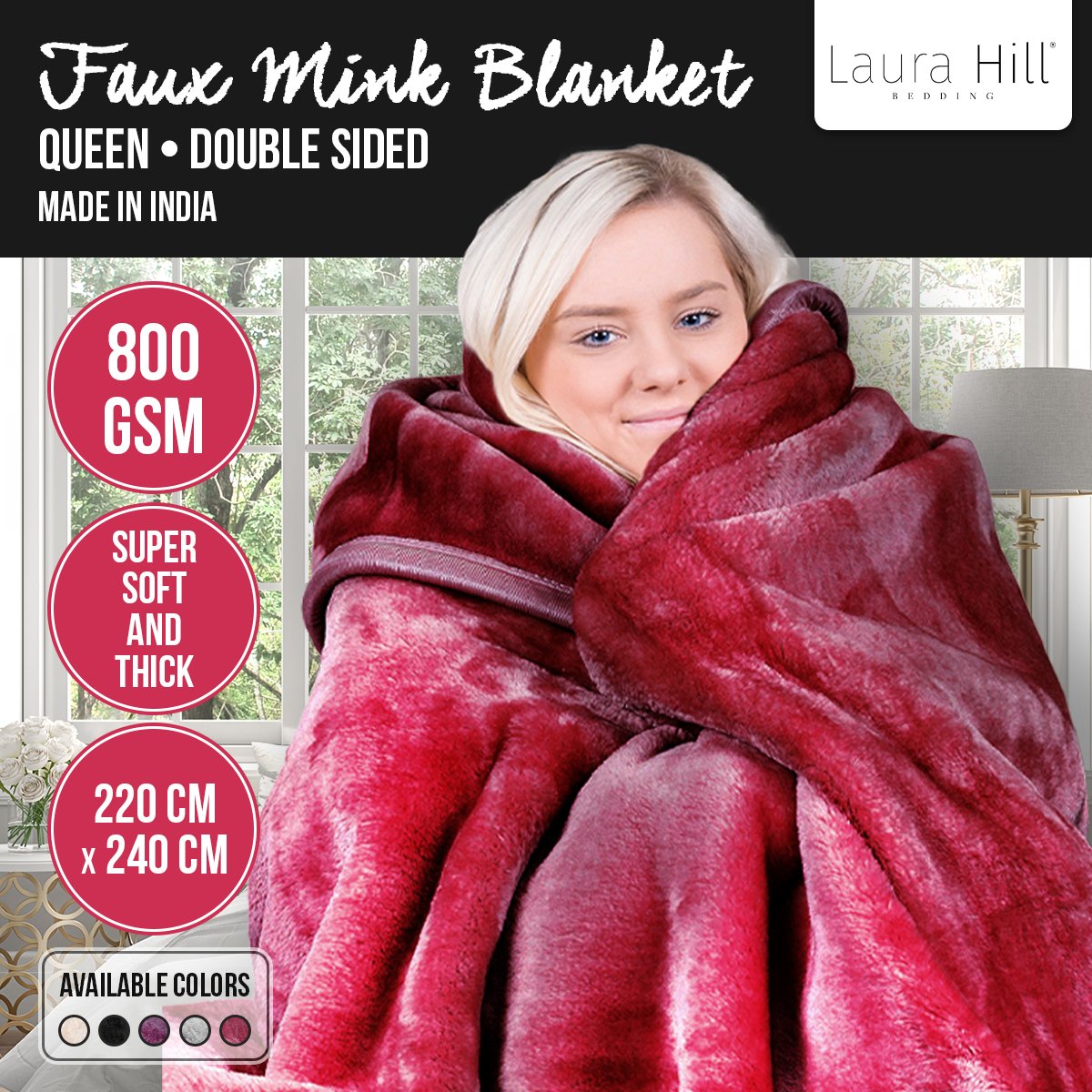 Laura Hill Double-sided Large 220 X 240cm Faux Mink Throw Blanket 800-gsm Heavy - Red