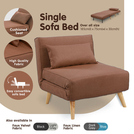 Sarantino Adjustable Chair Single Futon Faux Linen - Brown