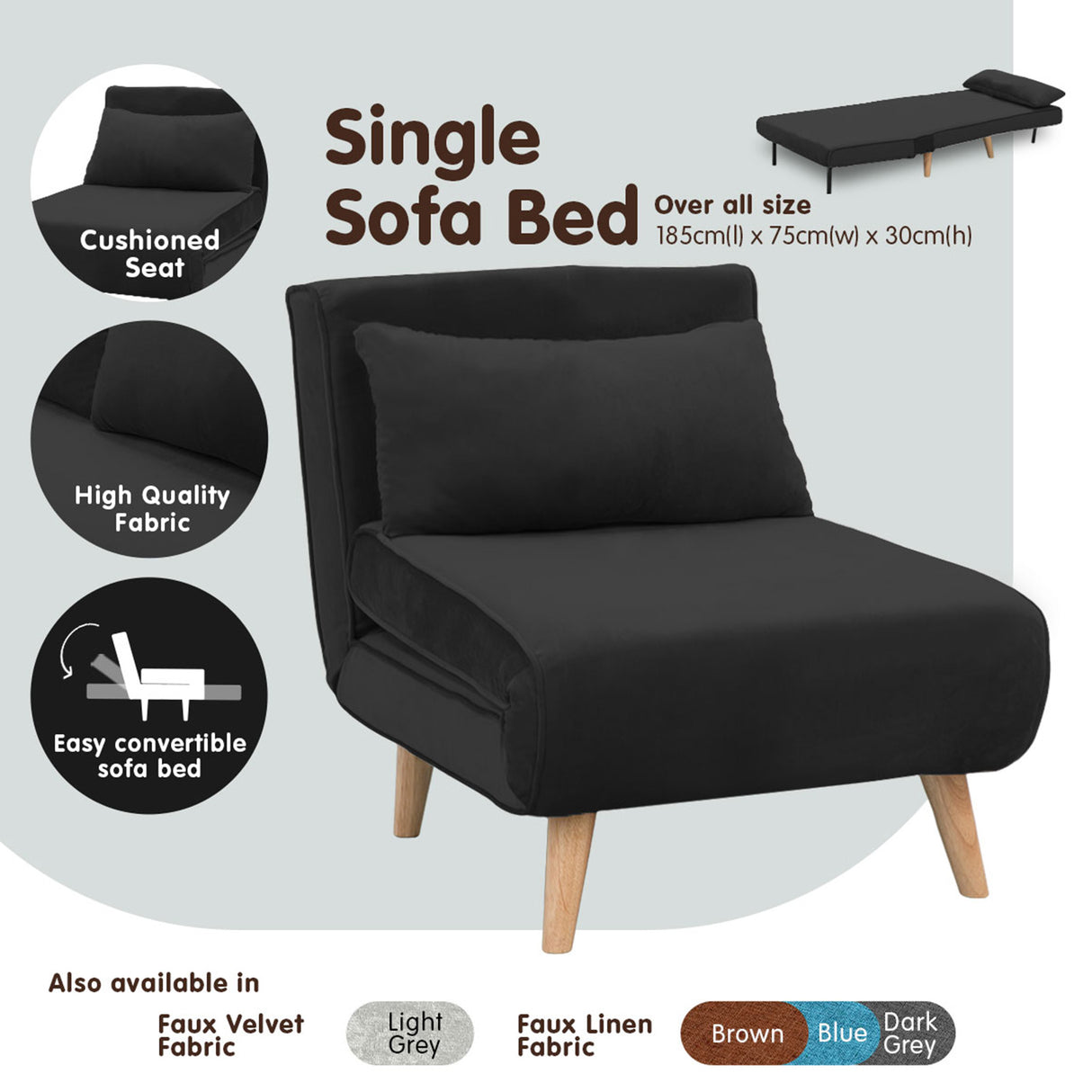 Sarantino Adjustable Futon Velvet - Black