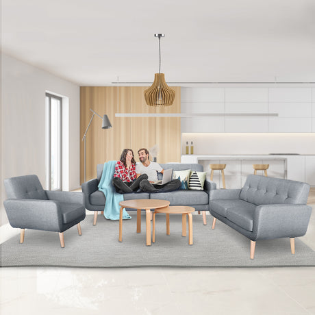 Sarantino 6-Seater Linen Sofa Set of 3 Couches - Light Grey