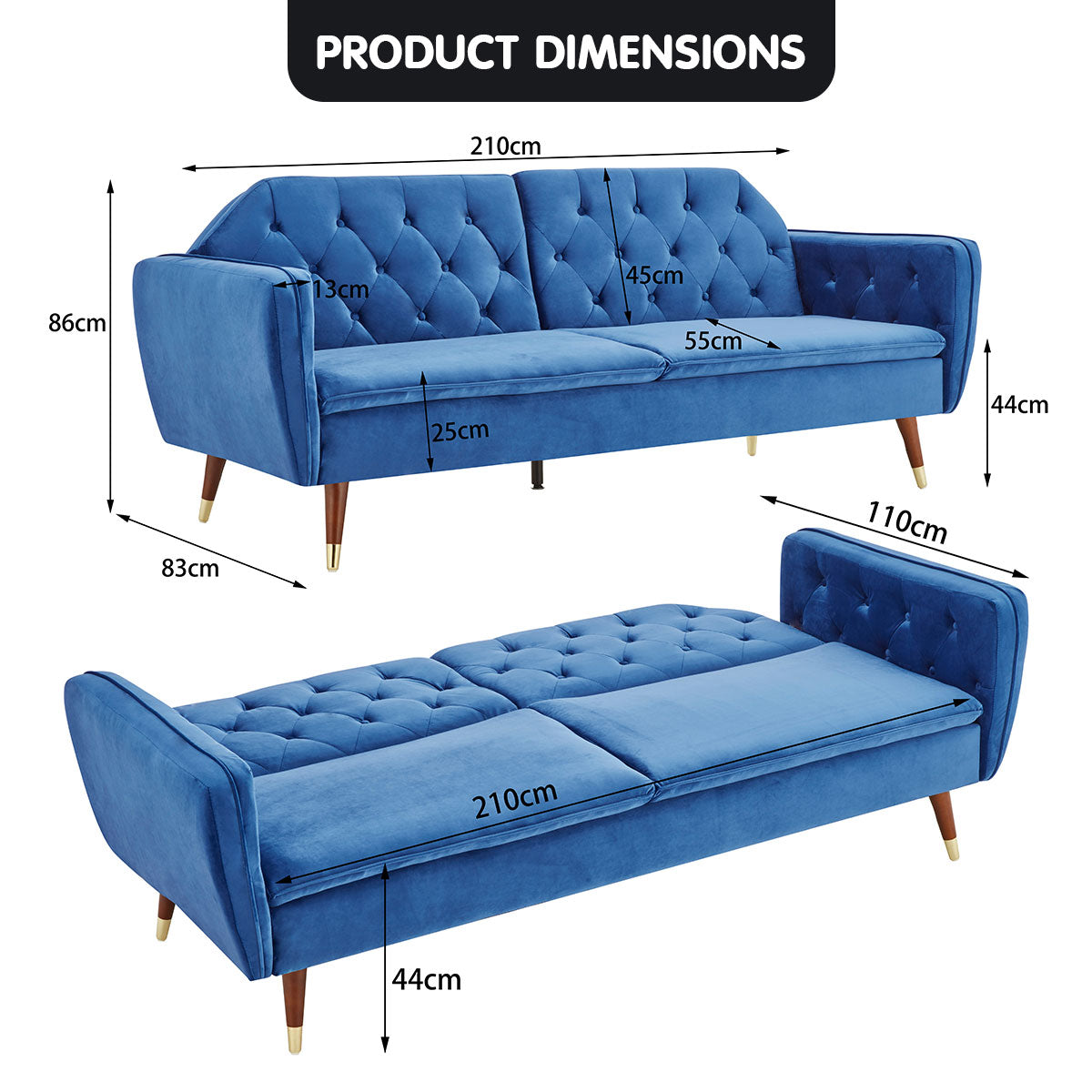 Sarantino Faux Velvet Sofa Bed Couch Furniture Lounge Suite Futon Blue