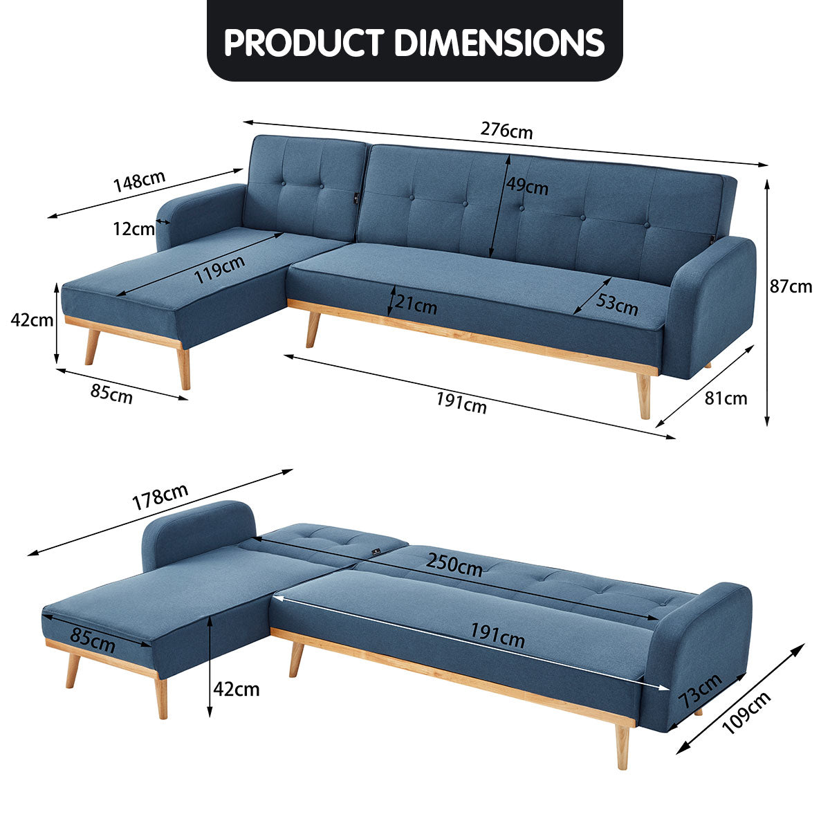 Sarantino 3-Seater Corner Sofa Bed with Chaise Lounge - Blue