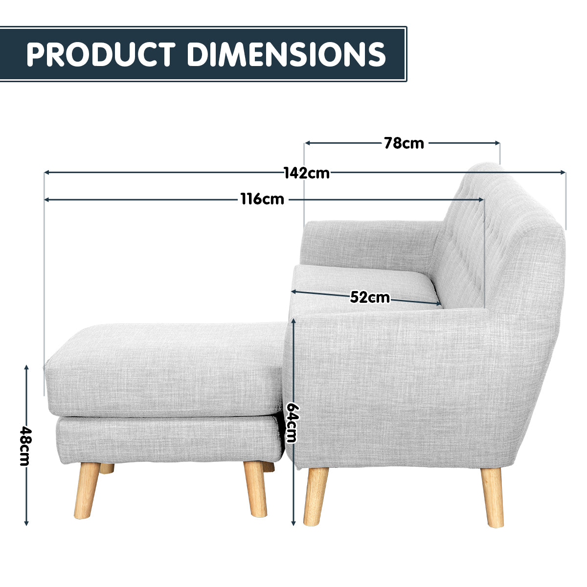 Ember Linen Corner Wooden Sofa Lounge L-shaped with Left Chaise Light Grey