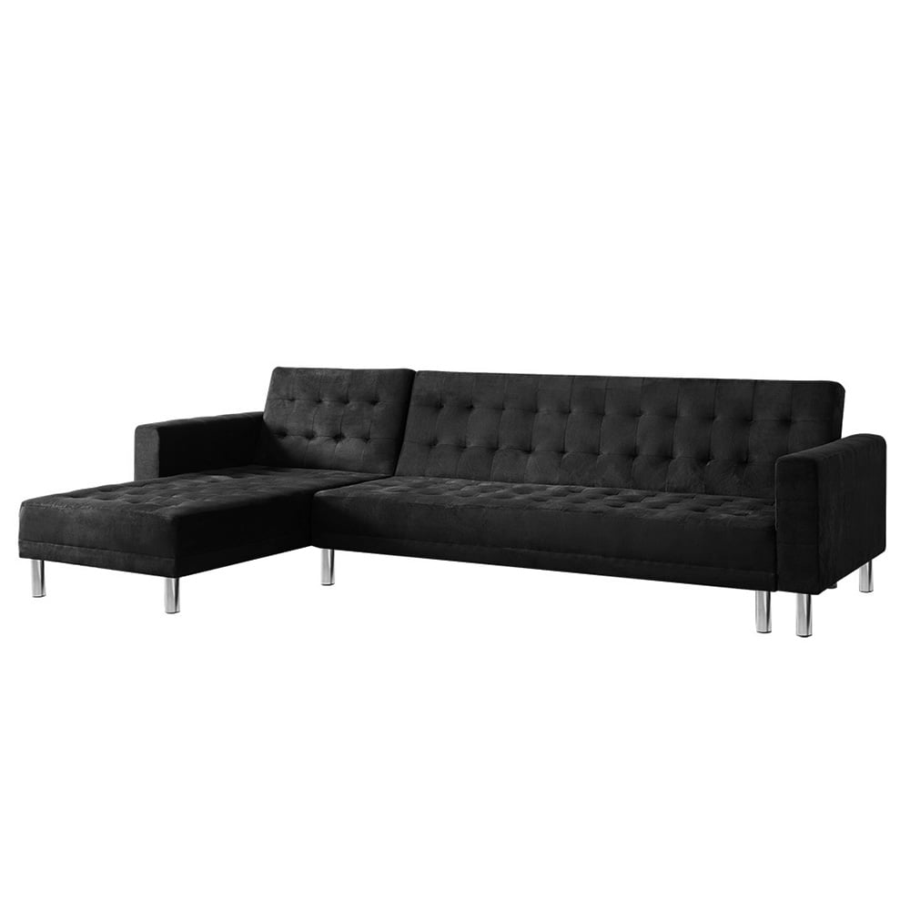 Sarantino Faux Velveteen Corner Wooden Sofa Bed Couch with Chaise Black