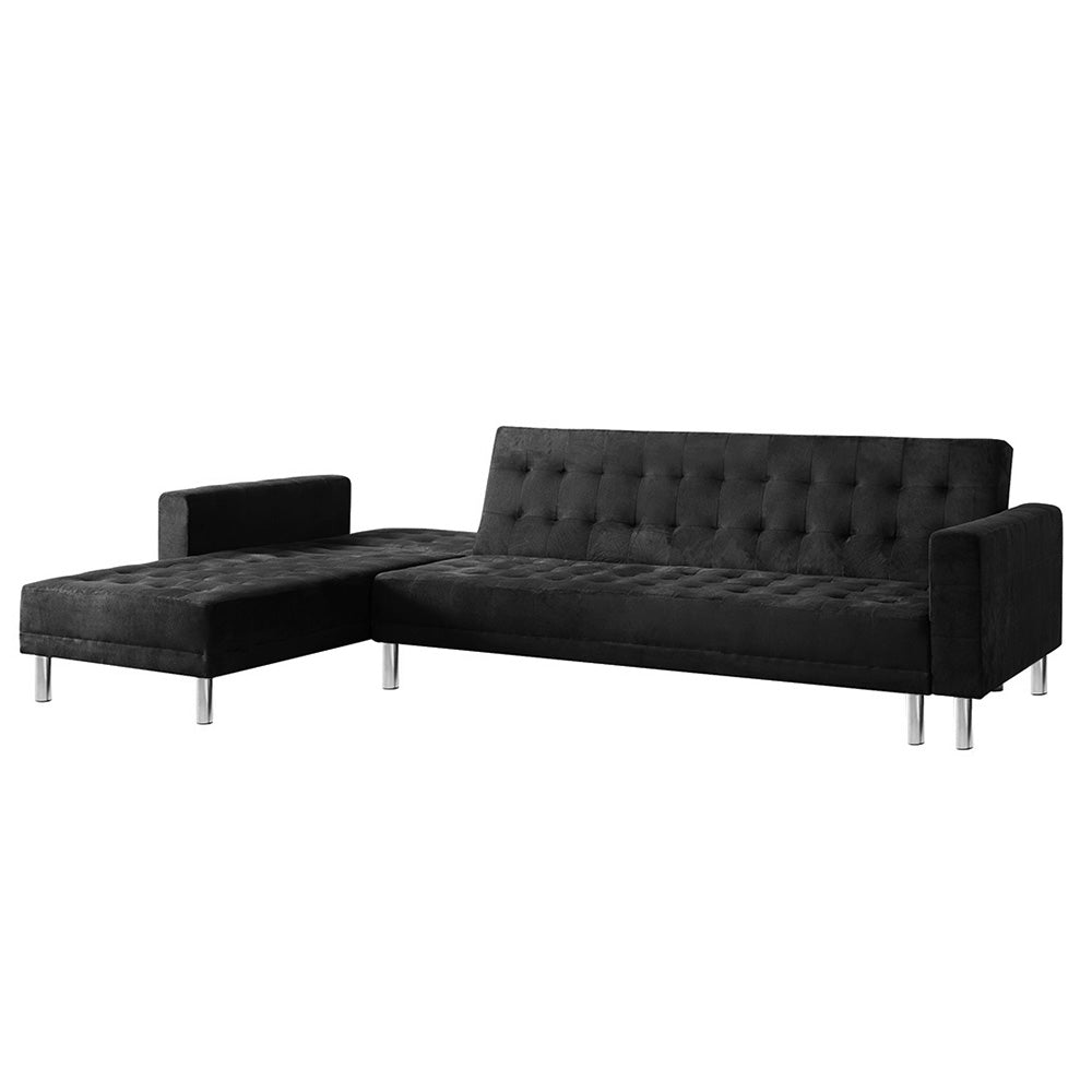 Sarantino Faux Velveteen Corner Wooden Sofa Bed Couch with Chaise Black