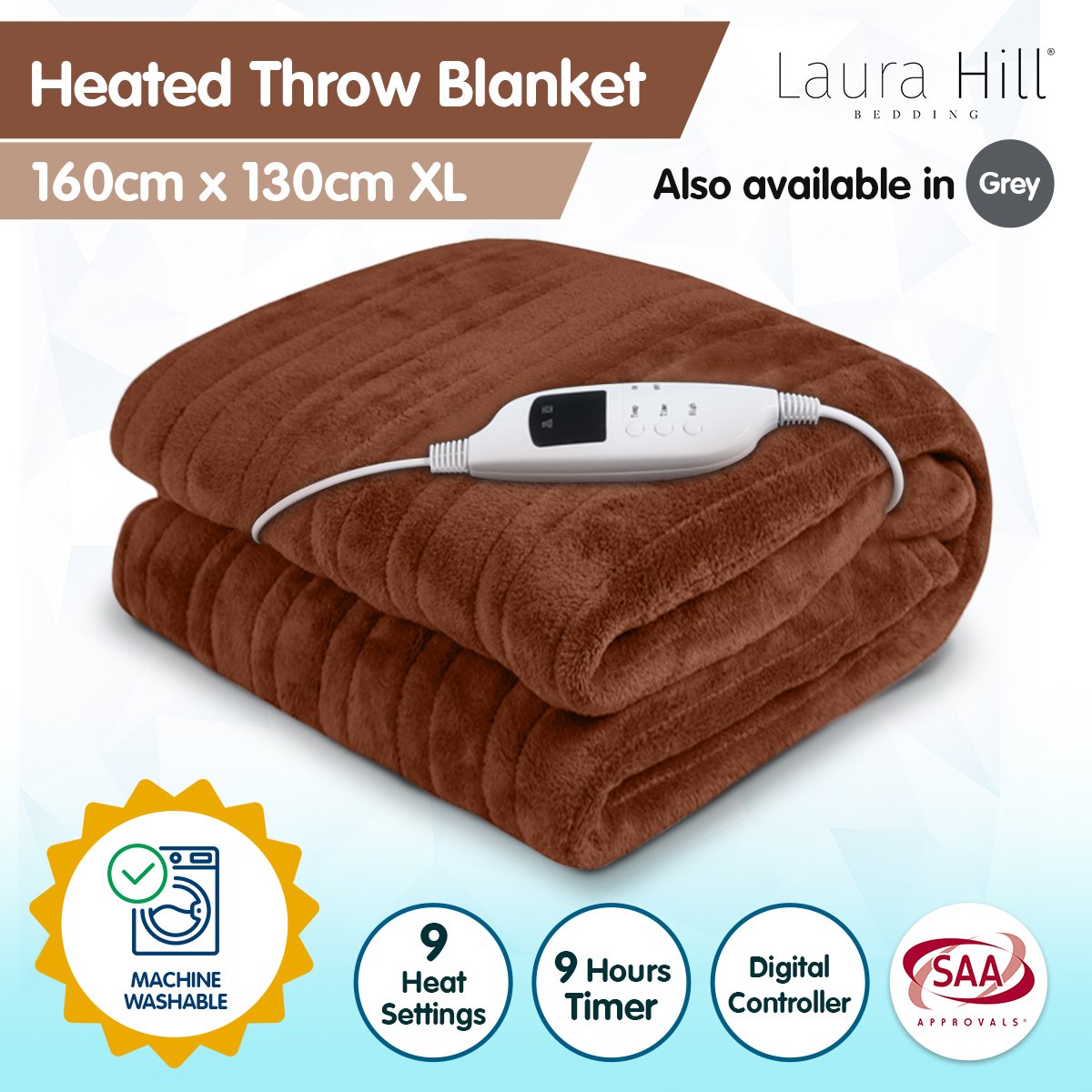 Laura Hill Heated Electric Blanket Throw Coral Warm Fleece Brown