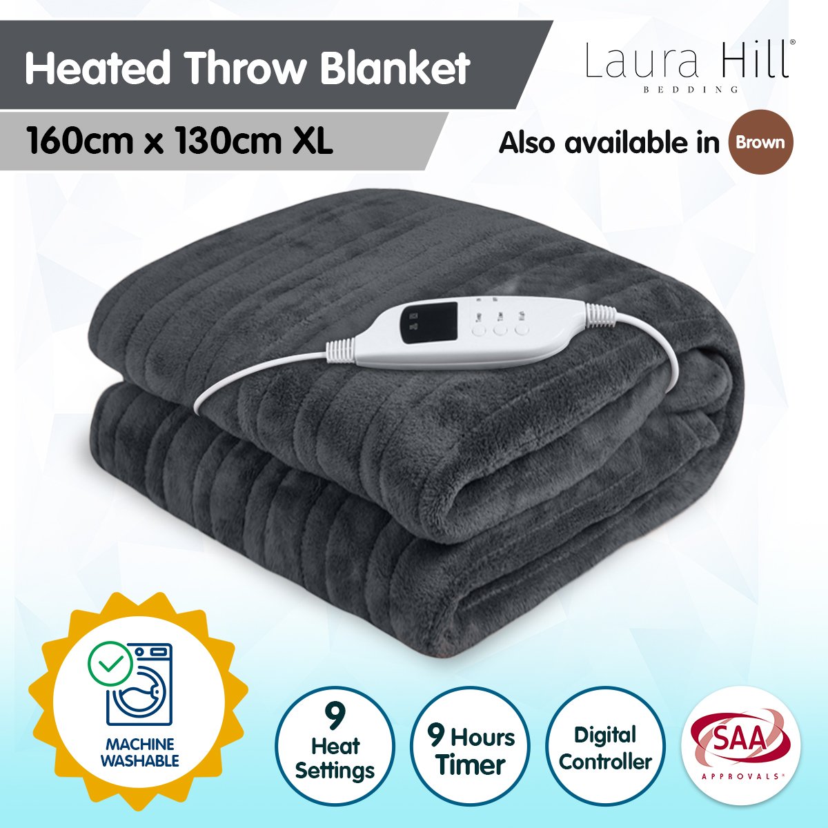 Laura Hill Heated Electric Blanket Throw Coral Warm Fleece Grey
