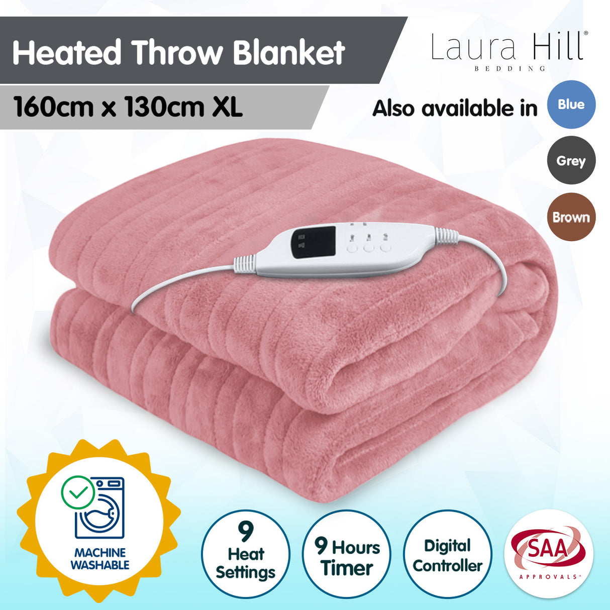 Laura Hill Heated Electric Blanket Throw Coral Warm Fleece Pink