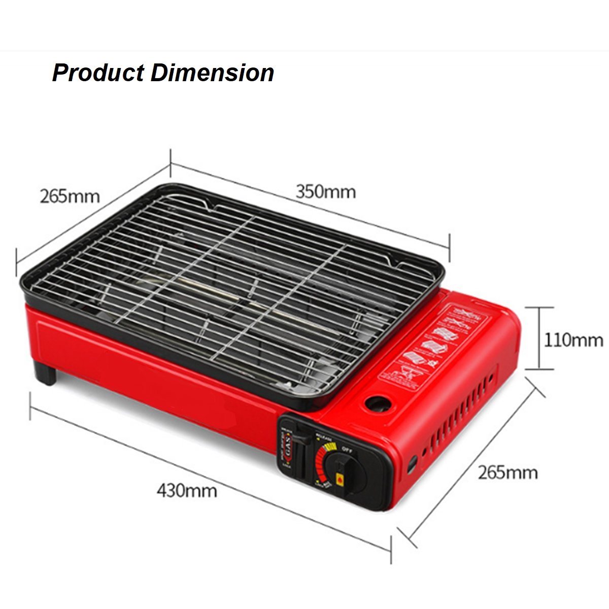 Portable Gas Stove Burner Butane BBQ Camping Gas Cooker With Non Stick Plate Red with Fish Pan and Lid