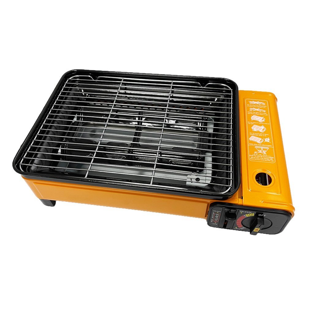 Portable Gas Stove Burner Butane BBQ Camping Gas Cooker With Non Stick Plate Orange without Fish Pan and Lid