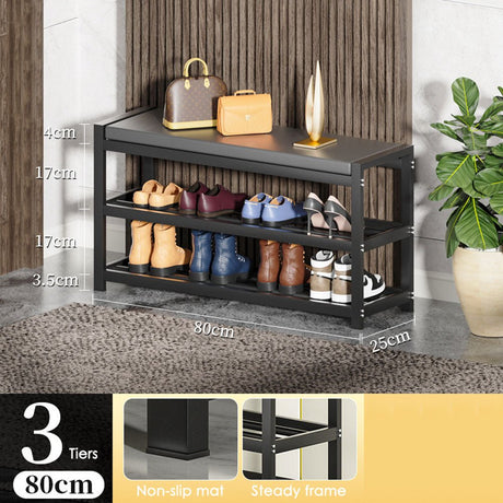 3 Tiers 80cm Width Sturdy Steel Multi-layer Shoe Rack with Bench Entryway Shoe Storage Organizer