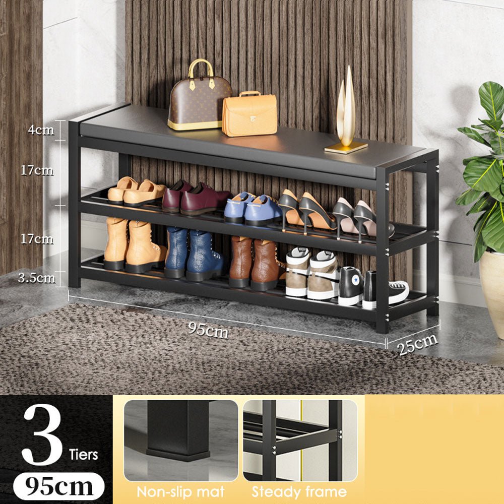 3 Tiers 80cm Width Sturdy Steel Multi-layer Shoe Rack with Bench Entryway Shoe Storage Organizer