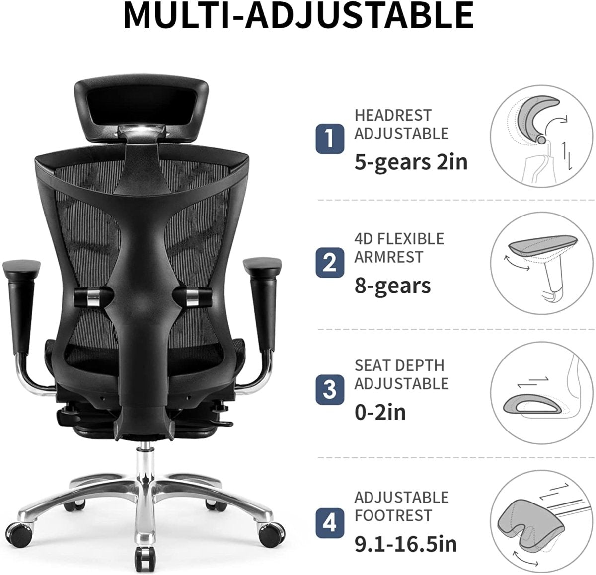 Sihoo Ergonomic Office Chair V1 4D Adjustable High-Back Breathable With Footrest And Lumbar Support Black