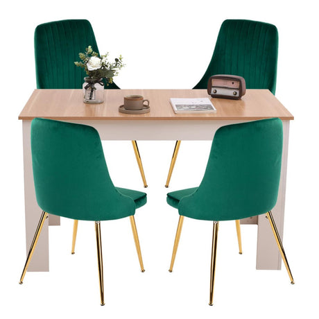 5Pc Natural Rectangular Dining Table with 4x Green Velvet Chairs