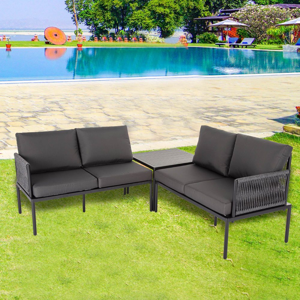 Eden 4-Seater Outdoor Lounge Set with Coffee Table in Black-Stylish Textile and Rope Design