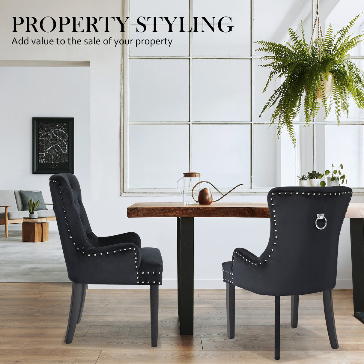 La Bella 4 Set Black French Provincial Dining Chair Ring Studded Lisse Velvet Rubberwood