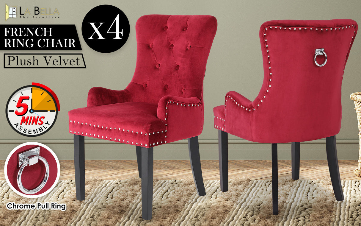 La Bella 4 Set Bordeaux Red French Provincial Dining Chair Ring Studded Lisse Velvet Rubberwood