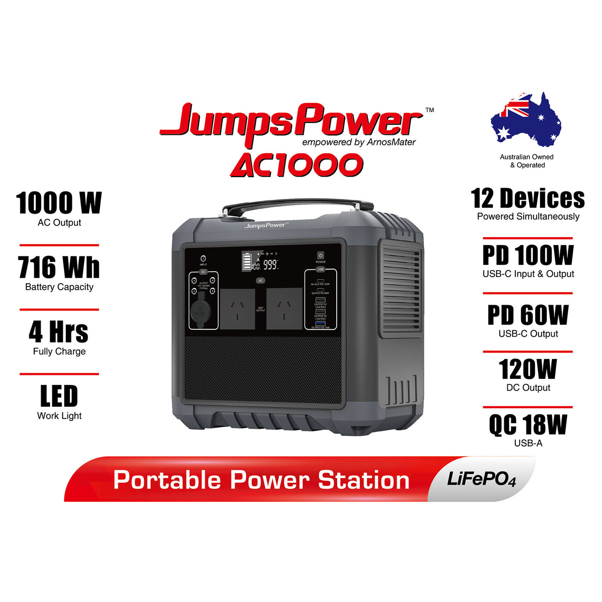 JumpsPower 1000W 716Wh Portable Power Station Charger LED Light