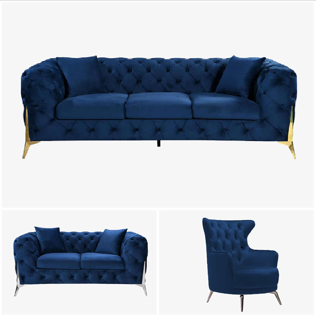 Grand Tufted Lounge - Blue Velvet - Silver Legs